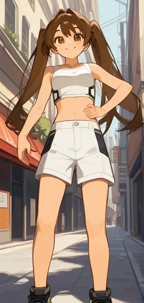 score_9, score_8_up, source_anime, masterpiece, best quality, BREAK 1girl, hand on hip, crop top, shorts, brown hair, twintails, brown eyes, smile, street, rating_safe