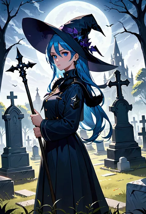 An anime-style illustration of a witch with sky-blue hair, standing in a cemetery. She wears a traditional witchs hat and a military uniform, adding an intriguing blend of styles. The witch holds a staff, enhancing her mystical and powerful appearance. She...