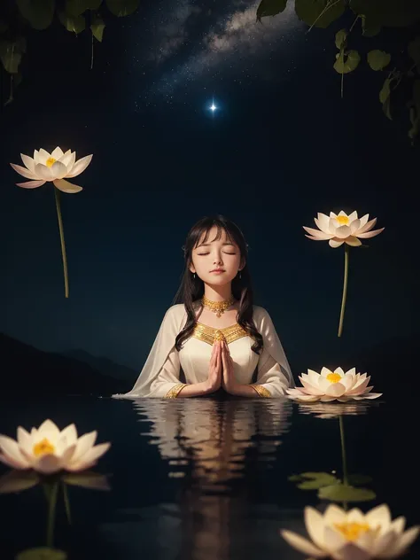 best quality，Masterpiece：1.2，More details，Beautiful young goddess gently closed her eyes..，smile softly. She is praying and meditating with her hands folded. She was wearing a white dress with stars shining in the blue night sky..., you sit on a lotus flow...