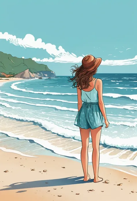 Create an illustration where a girl stands on the beach and looks at the ocean 