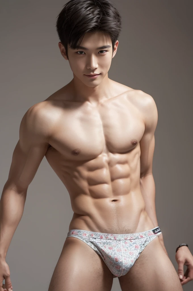 Japanese male model in thongs, Full Body Shoot, Quiff haircut, look at camera, detailed facial parts, Manly, Charmer, Active Boy, stand in front of gray background, Freestyle Pose, Happy Expression, perfect anatomy, symmetric body, asian boy 19 years old, ...