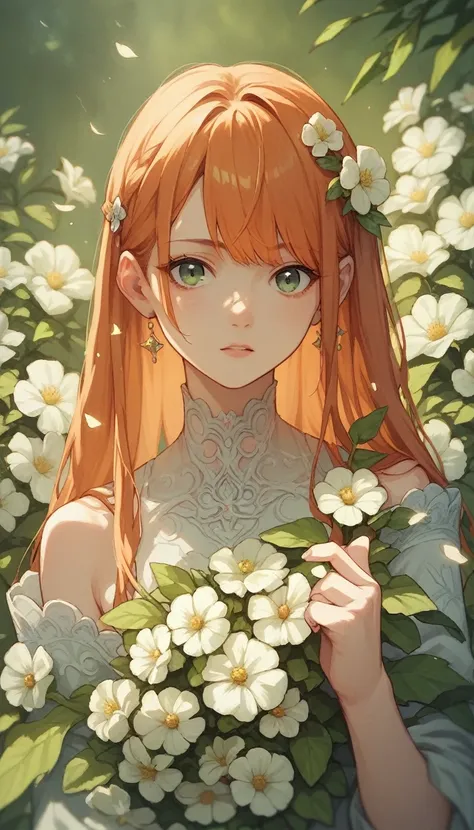 Anime girl, ginger hair with bangs, magical plant outfit design, fully rendered