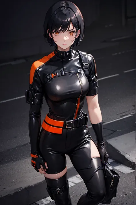 1woman, short hair, black hair, orange eyes, black leather outfit, standing on ground, high res, ultra sharp, 8K, masterpiece