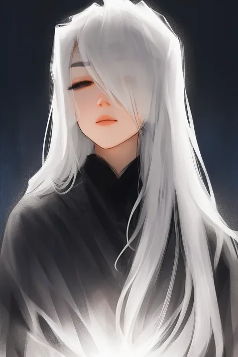 (best quality, highres, ultra-detailed:1.2), anime, portraits, Black and white, ethereal lighting, black lace, blindfolded, long white hair, black long robes, mythical, ethereal, glowing hair, woman, полёт, ореол