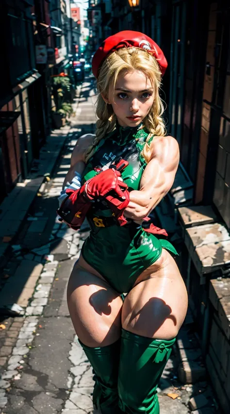 (Muscular:2), (thick upper thighs:2.4), 
(cammy, blonde hair, long braids:1.5), beauty mark, freckles,
detailed eyes, detailed skin, red lips, eyeshadow, (angry:1.2),
(large breasts), hard nipples,
(sleeveless green leotard, small gloves, red beret:1.5),
(...