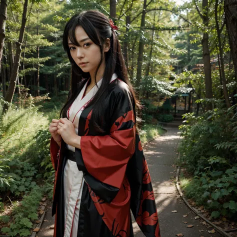 Akame, kimono, gloves , beautiful eyes, anime style, forest 