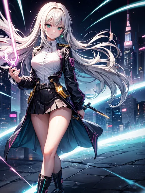 middle School girls，smile，Beautiful girls，Beautiful girl from another world，Girl holding a light sword in her hand，Cyberpunk uniforms，The best quality to get you horny，Psychic，Wizard，battle，Colorfulな髪色，Perfect Girl，Super cute girl，Cyberpunk Background，Cute...