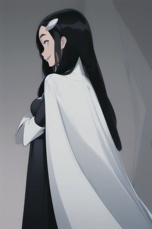 Tinya Wazzo, solo,black hair, long hair. grey eyes, smile, grey lips, white cape, best quality, masterpiece, 1girl, Masterpiece, Best Quality, Detail, room, From Behind, From Below, cape infront, beautiful cape