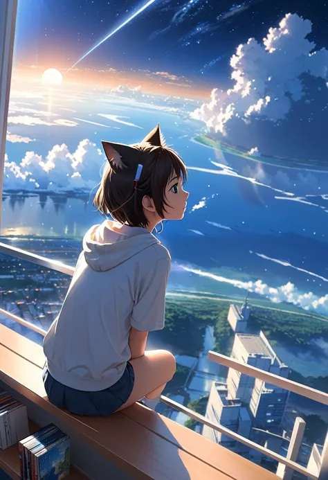 Anime cat-eared girl sitting on a shelf looking at the sky, anime drawings inspired by Makoto Shinkai, trending on pixiv, space art, Makoto Shinkai Cyril Roland, 4K anime wallpapers, anime art wallpaper 8 K, anime art wallpaper 4K, anime wallpaper 4K, anim...