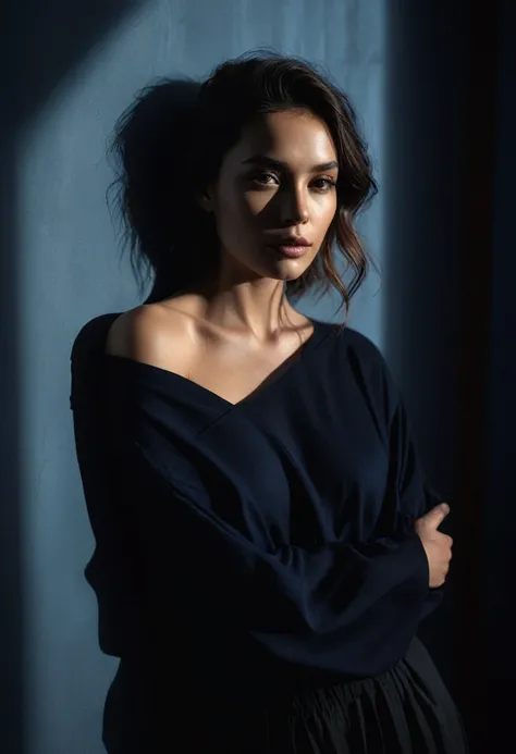 woman bathed in soft light, leaning against a wall, looking into the camera in a moment of raw emotion. Her attire is minimal, accentuating her beauty with the dramatic shadows cast by the lighting. The background is stark, with sharp contrasts highlightin...