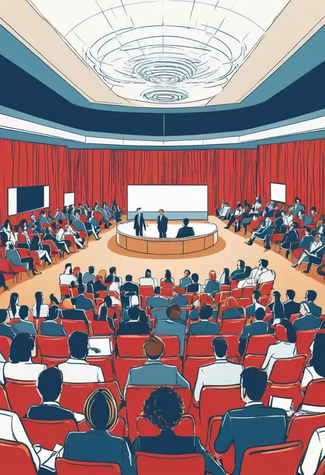 Create an illustration of a conference with business colleagues taking place in an auditorium 