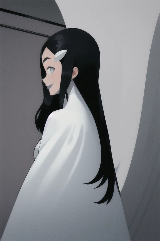 Tinya Wazzo, solo,black hair, long hair. grey eyes, smile, grey lips, white cape, best quality, masterpiece, 1girl, Masterpiece, Best Quality, Detail, room, From Behind, From Below, cape infront, beautiful cape