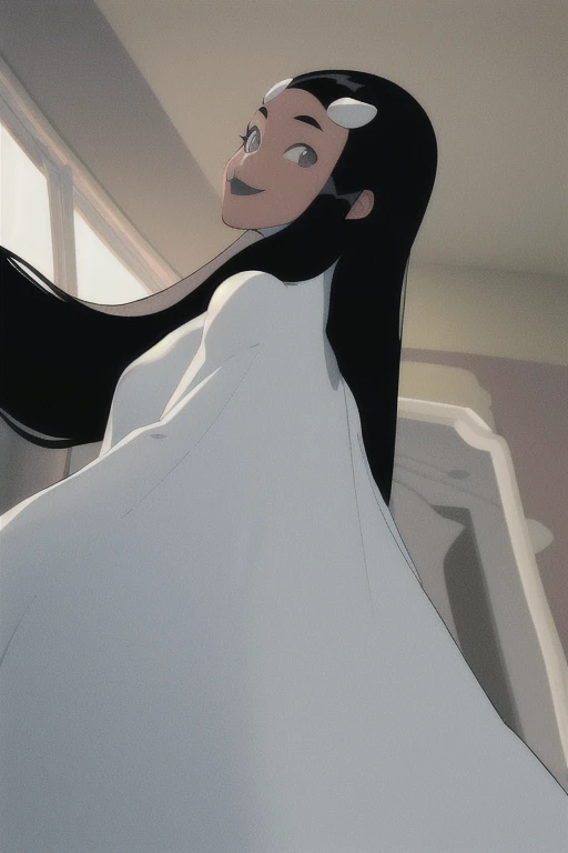 Tinya Wazzo, solo,black hair, long hair. grey eyes, smile, grey lips, white cape, best quality, masterpiece, 1girl, Masterpiece, Best Quality, Detail, room, From Behind, From Below, cape infront, beautiful cape, looking away 