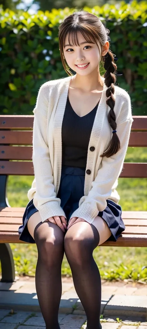 (high quality, High resolution, Very detailed, Realistic:1.37), (Full body pose)、(Full body photo of the girl)、Peaceful atmosphere, (Plein Air, garden)、 ((Big twin tails、Big scrunchies))、((Sit on a bench))、18 year old high school girl、B cup、Beautifully det...