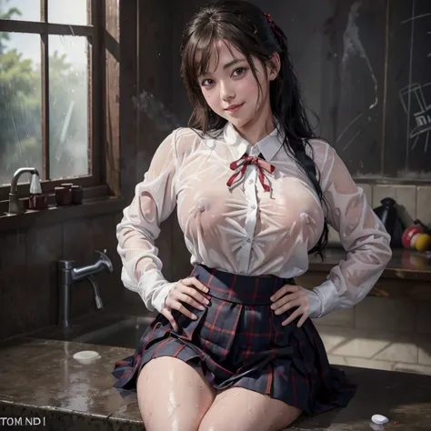 honoka dead or alive , steam , rain , plaid skirt , pleated skirt , Tight shirt , white Shirt , school girl sit , (masterpiece, best quality, hires, high resolution:1.2, 4k, 8k , high quality), extremely detailed, realistic, intricate details, highres , (l...