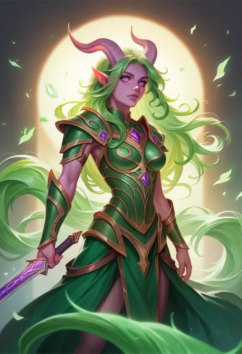 A beautiful detailed female tiefling paladin, green flowing hair, striking purple eyes, intricate armor, majestic sword, detailed ornate details, dynamic pose, epic fantasy, cinematic lighting, vibrant colors, highly detailed, 8k, photorealistic, masterpie...