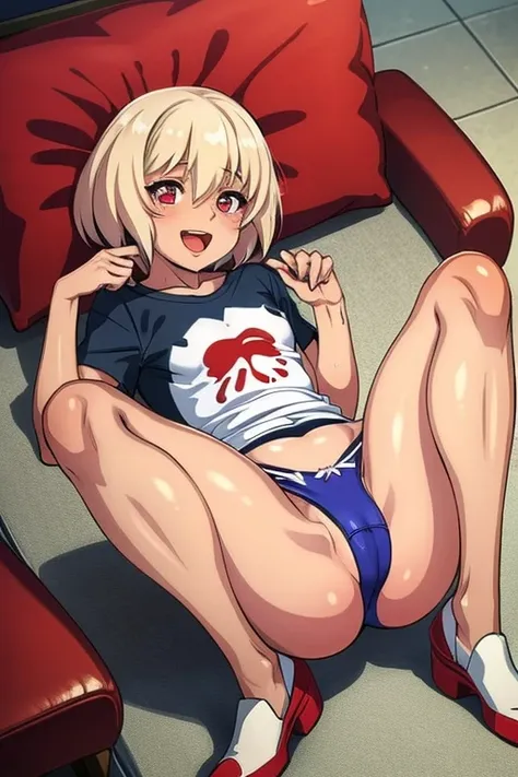 (masterpiece, Highest quality:1.2),（Flawless５Finger、Full legs）、 alone,Shota,,(Flat Chest、),Blonde,,otoko no ko,Femboy,Red eyes,uehara shikanosuke,,beautiful、Lie down、From above、T-Shirts、String Panties,smile、Open your mouth