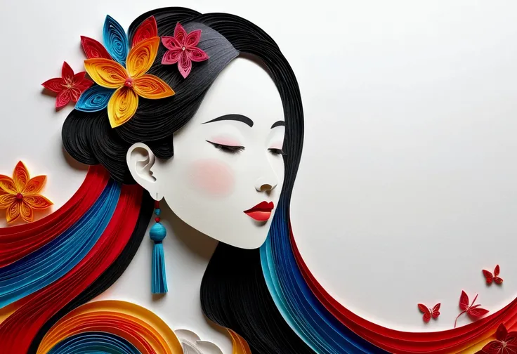 (White Background:1.4),(Girl&#39;s head silhouette, close your eyes, Colorful long hair, Oriental elements)，(Chinese illustration:1.3，Paper Art:1.3, Quilting Paper Art:1.2),( Streamlined Design, Clear lines, High Sharpness,Highest quality, Very detailed, T...