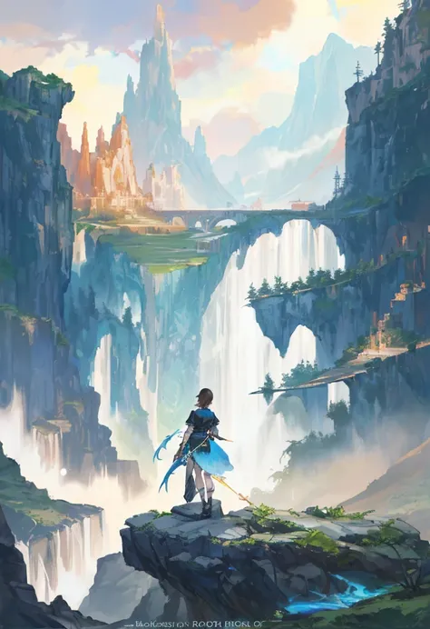 There is a woman standing on a rock in front of the waterfall, ross tran. scenery background, beautiful concept art, Estilo de Raphael Lacoste, Beautiful digital artwork, breathtaking fantasy art, прекрасное фэнтезийное искусство