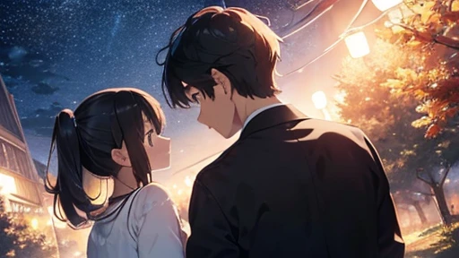 Man and woman gazing at the starry sky,Childhood friend,masterpiece,best quality,super fine illustration,8k,anime style,beautiful background