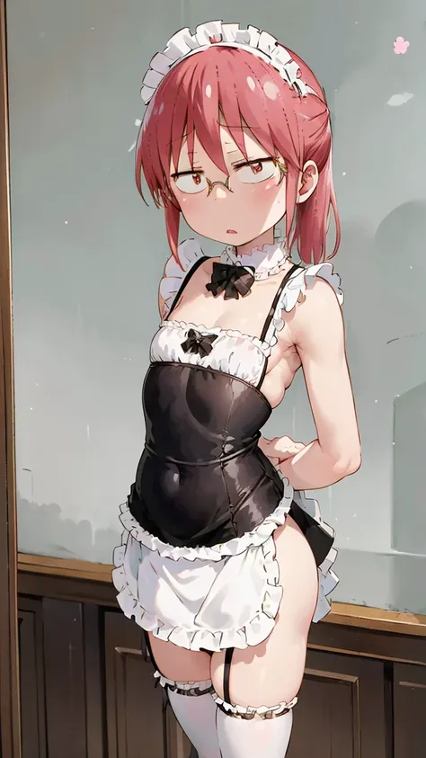 kobayashi, (bust size very very small.)),  (flat chest:1.2), posing embarrassed, sexy maid dress, maid bikini, frills