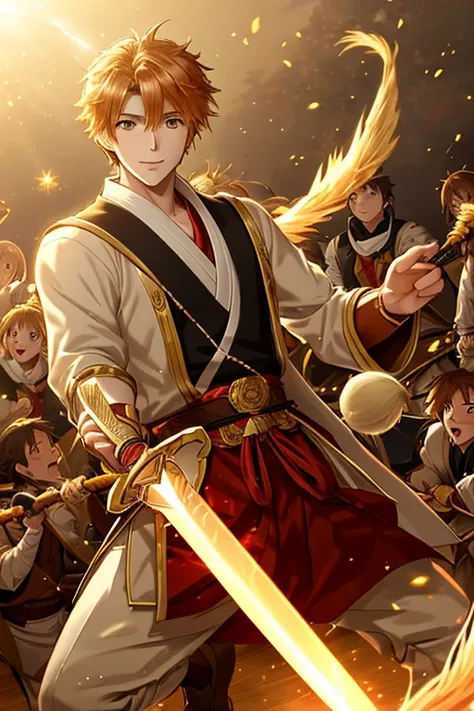 A handsome anime boy holding a peach wood sword, fighting a group of monsters, golden light scattered everywhere, anime CG, 2D anime