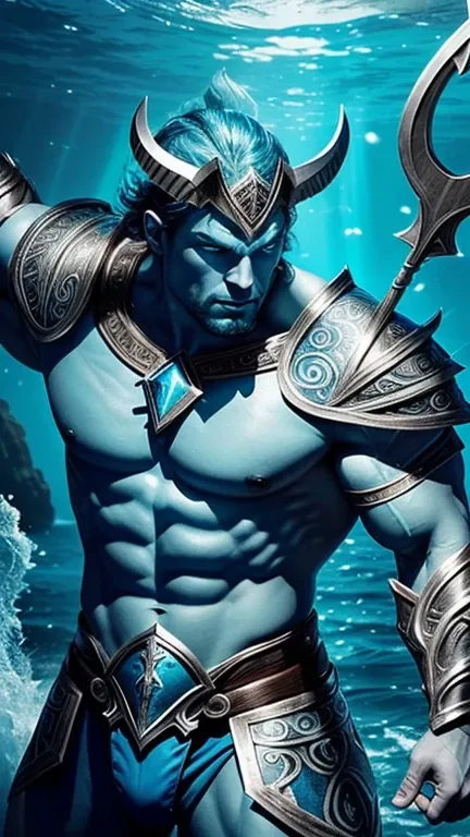 [SeaArt] is a muscular man with determined features, wearing mystical Atlantean armor adorned with aquatic motifs. His eyes glow blue, symbolizing his marine powers. The armor is silver with bluish highlights, and he holds a trident.