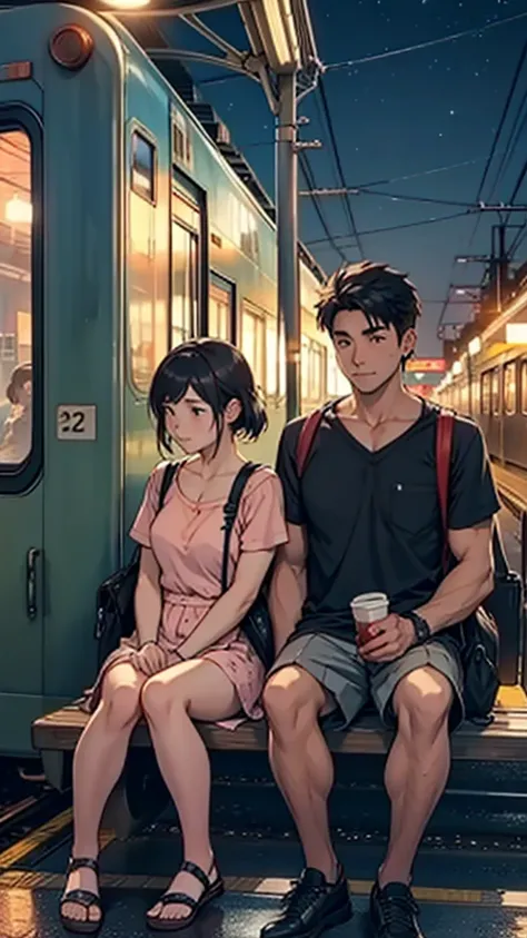 A couple is sitting at the railway station. The train is coming. The couple is wearing short clothes. It is night.