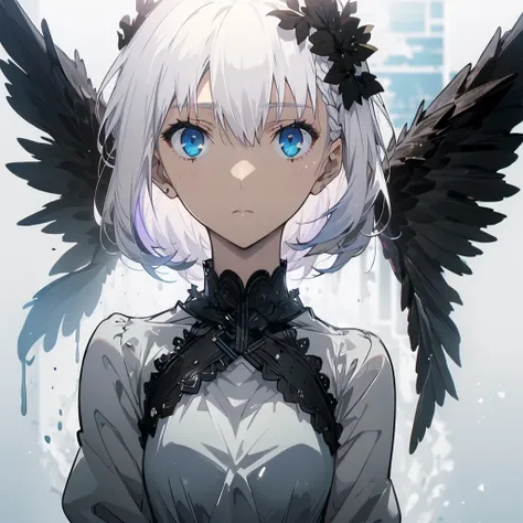 ((masterpiece, best quality)), Pure white background，Delicate face，JK style，whole body，Standing picture，Perfect proportion，Handsome short hair，((Half of her hair is white，The other half is black，Available in two colors))，beautiful eyes，Fantasy style，Extrem...