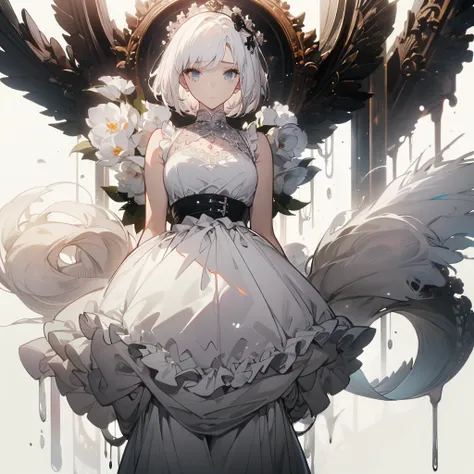 ((masterpiece, best quality)), Pure white background，Delicate face，JK style，whole body，Standing picture，Perfect proportion，Handsome short hair，((Half of her hair is white，The other half is black，Available in two colors))，beautiful eyes，Fantasy style，Extrem...