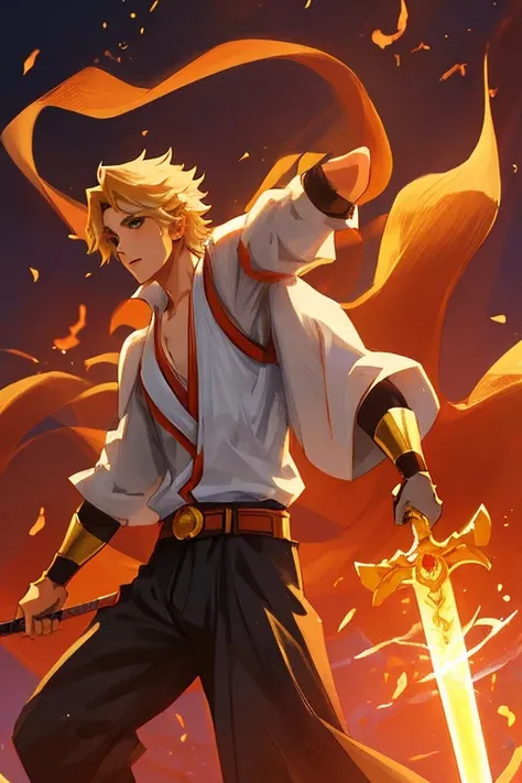 A handsome anime boy holding a peach wood sword, fighting a group of monsters, golden light scattered everywhere, anime CG, 2D anime