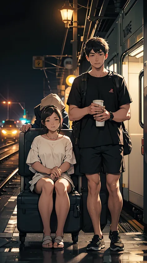 a couple sitting at a railway station, night scene, train approaching, couple wearing short clothes, detailed faces, 