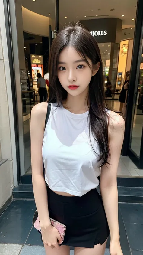 high quality, realistic, Mall, Korean woman window shopping, A dazzlingly beautiful face, slim and nice body, Top and miniskirt, summer, swelter, sweat and struggle, Mall의 많은 사람들