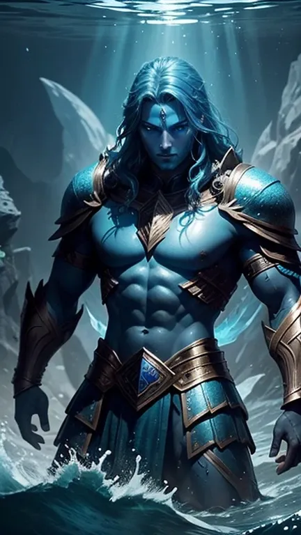 A mysterious warrior emerges from the depths of the sea in Atlantean armor, ready to defend his kingdom against any threat. His luminescent blue eyes reflect the power and wisdom of the oceans.