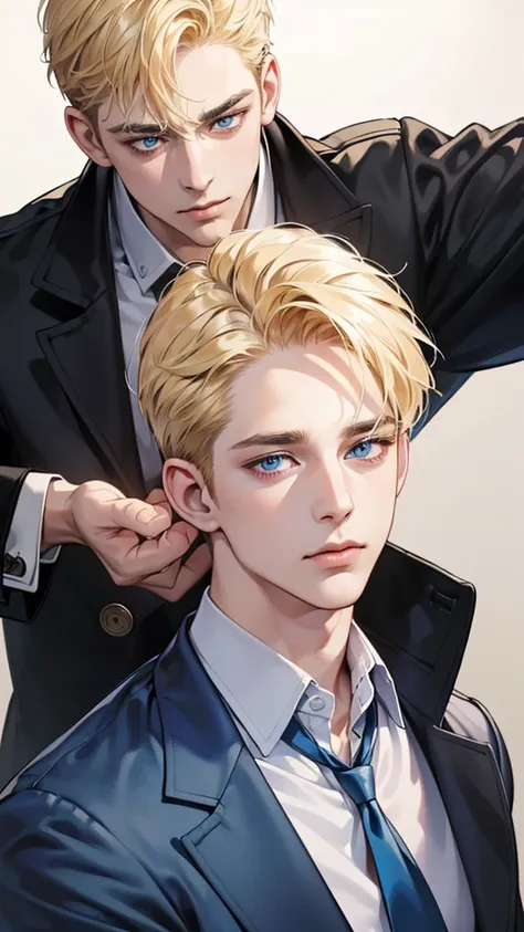 (best quality, masterpiece, 8K, Reality, light, 1:4 hdr images, Extremely detailed, Beautiful images), A mature man, 34 years old is handsome, ((Cold expression)), Blonde short hair, blue eyes, Flawless face, ((Buttoning his jacket, CEO))