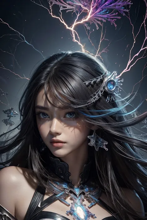 (masterpiece, Highest quality, Highest quality, Official Art, beautifully、aesthetic:1.2), (One girl), extreme detailed,(Abstract, Fractal Art:1.3),Colorful Hair,highest detailed, detailed_eye, thunder、Lightning, Light_particle, Ghost