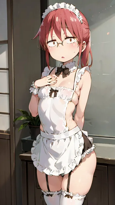 kobayashi, (bust size very very small.)),  (flat chest:1.2), posing embarrassed, sexy maid dress, maid bikini, frills