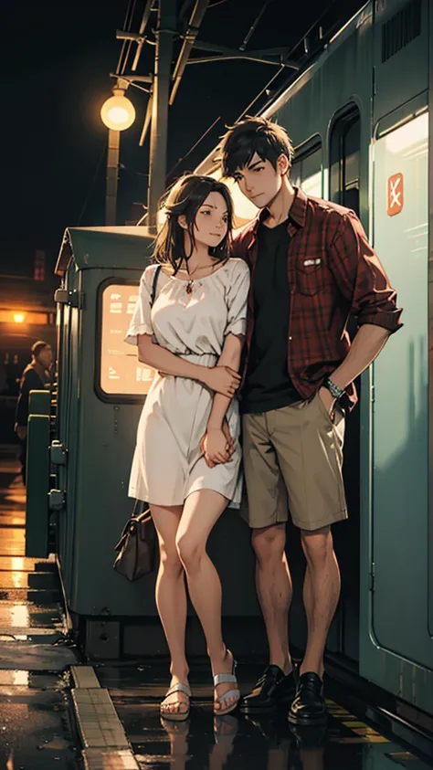 a couple sitting at a railway station, night scene, train approaching, couple wearing short clothes, detailed faces, 