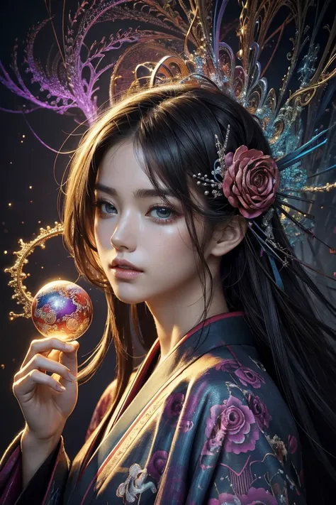 (masterpiece, Highest quality, Highest quality, Official Art, beautifully、aesthetic:1.2), (One girl), extreme detailed,(Abstract, Fractal Art:1.3),Colorful Hair,highest detailed, detailed_eye, thunder、Lightning, Light_particle,Wearing a kimono