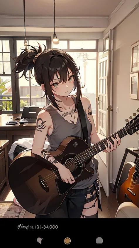 A young woman with short black hair dyed the ends light brown. wearing a black tank top He has graphic tattoos on his shoulder and chest. playing acoustic guitar Create an image of a young woman playing an acoustic guitar in a cozy room. She has short, lig...