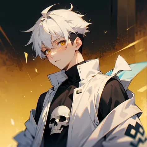 1male , Calm Expression , Black Undercut Hair , Messy White Hair , Yellow Eyes , Adult Male , Calm Expression , Baggy White Varsity Jacket , Black Compression T-Shirt with a White Skull Symbol , Perfect Generation 