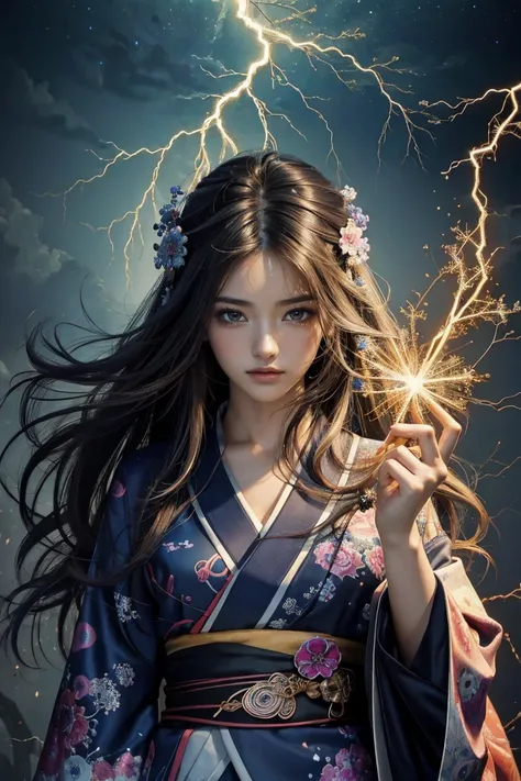 (masterpiece, Highest quality, Highest quality, Official Art, beautifully、aesthetic:1.2), (One girl), extreme detailed,(Abstract, Fractal Art:1.3),Colorful Hair,highest detailed, detailed_eye, thunder、Lightning, Light_particle,Wearing a kimono(thunder、Repr...