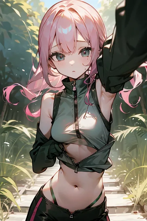 Slender beautiful girl、10th Generation、sleeveless shirt、athlete、Thin fabric tights、Belly button、A tighter zip-up shirt、Tight zip-up tracksuit、Curly Hair、Garden、Drawn eyes、Subtle details、目のハイライト