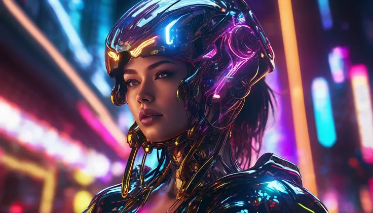 A futuristic cyborg woman, intricate robotic details, glowing circuitry, advanced technology, mechanical limbs, chrome plating, neon lights, blurred motion, dynamic pose, cinematic lighting, dark moody atmosphere, vibrant colors, digital art, 8k, hyper det...