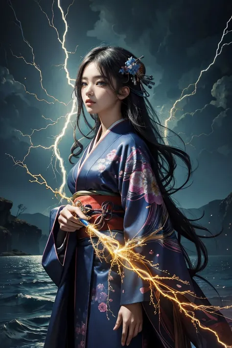 (masterpiece, Highest quality, Highest quality, Official Art, beautifully、aesthetic:1.2), (One girl), extreme detailed,(Abstract, Fractal Art:1.3),Colorful Hair,highest detailed, detailed_eye, thunder、Lightning, Light_particle,Wearing a kimono、(thunder、Rep...