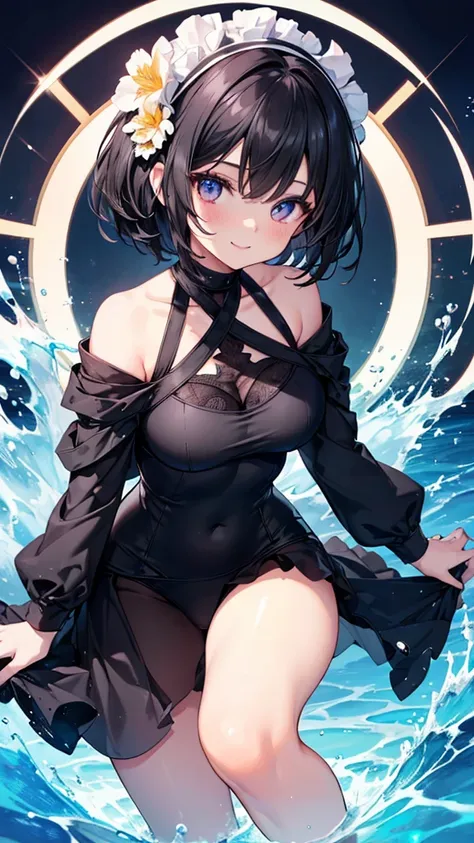 (Highest quality,Ultra-detailed,girl),Short black hair,cute,Iris,Big Breasts,She is wearing a black swimsuit,Her eyes are white and shining,Her eyes are white and shining,Looking at me with a bright smile,