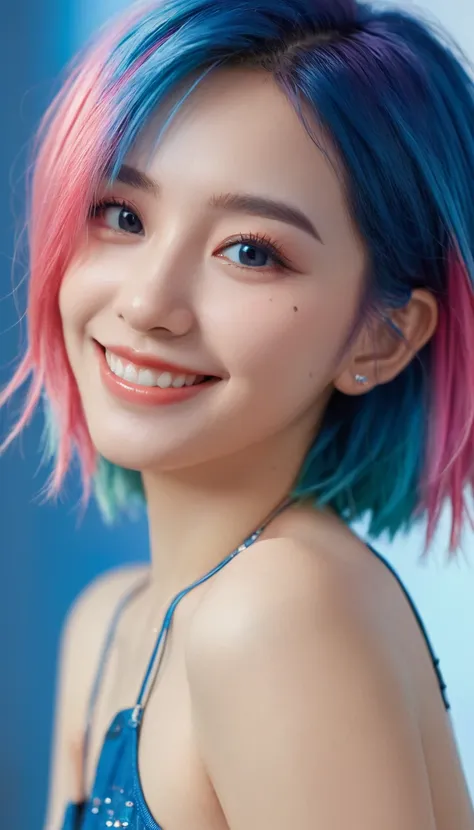 highly detailed, 8K, masterpiece, 1 Girl, blue pink_hair, nude, Smile, (perfect_Face), boundary, close up, , exist_Back, Gorgeous, complex, Dramatic Lighting, 4K, detailed_Background, Caustics, full_Body,  