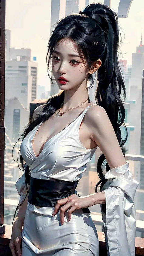 photorealistic, high resolution, soft light,1women, solo, hips up, (detailed face), jewelry, tattoo,black mafia clothing, ponytail hairstyle, black hair, super long hair, looking viewers, tatto, messy hair, close up, small breast, adult, mafia boss girl