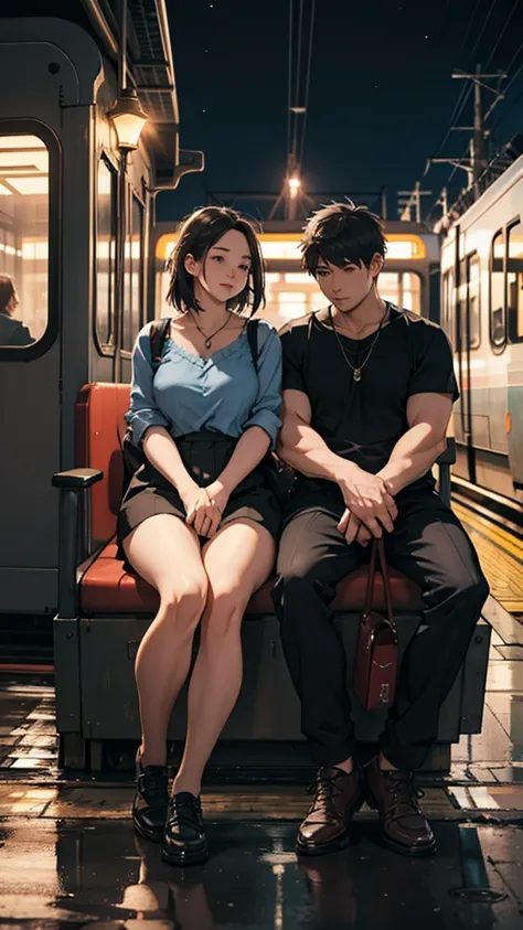 a couple sitting at a railway station, night scene, train approaching, couple wearing short clothes, girl has big hips detailed faces,