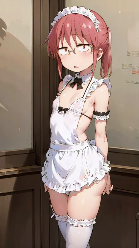 kobayashi, (bust size very very small.)),  (flat chest:1.2), posing embarrassed, sexy maid dress, maid bikini, frills, ass suppo...